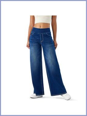 High Rise Wide Leg Jeans Soft Stretch Pull On Jeggings Palazzo Comfort